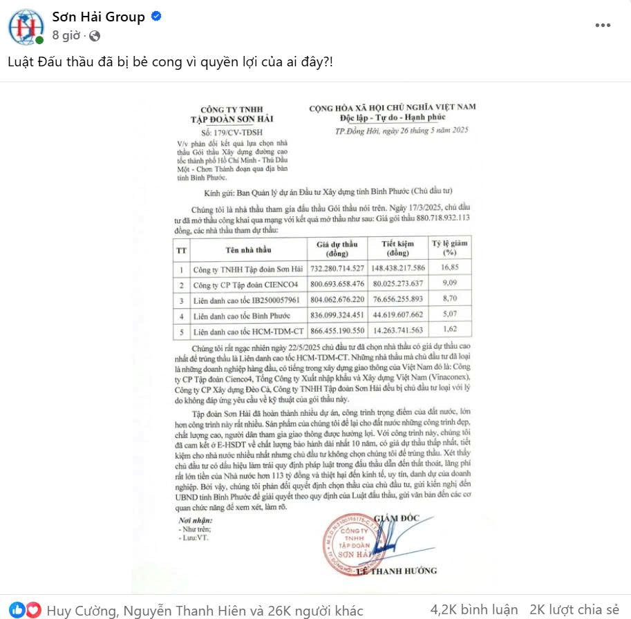 Tập đoàn Sơn Hải trượt thầu dù bỏ giá thấp hơn đối thủ hàng trăm tỷ đồng gây bão dư luận: Ban quản lý dự án 'sẽ cho anh em kiểm tra lại' - ảnh 2