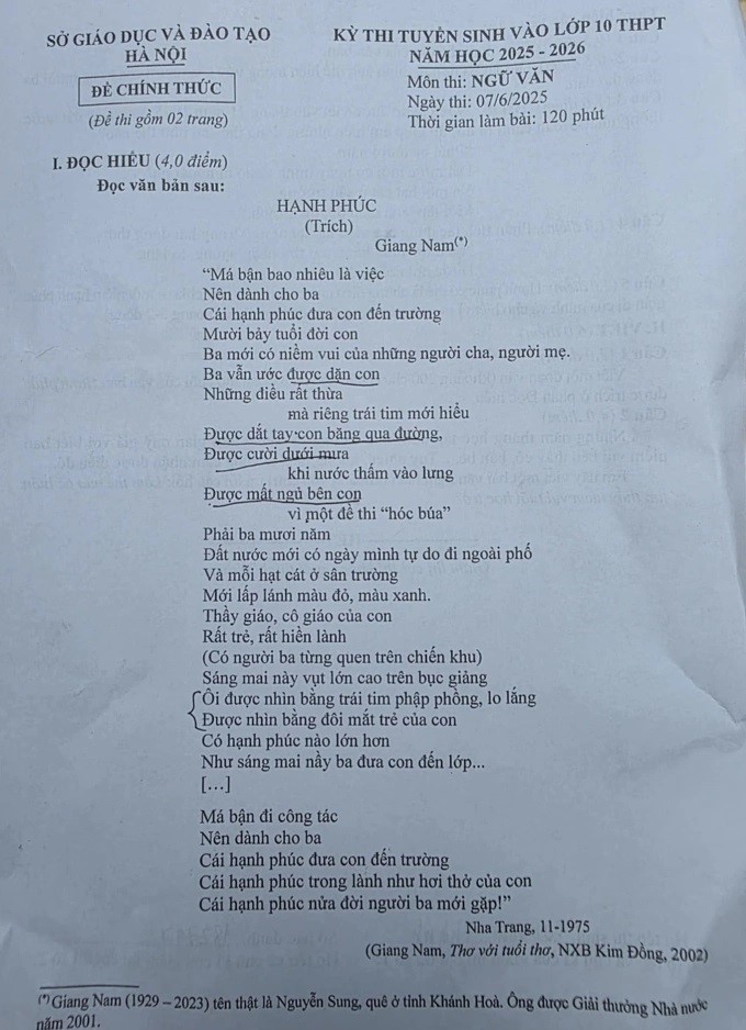 Đề thi và đáp án môn Ngữ văn kỳ thi vào lớp 10 TP. Hà Nội năm 2025 đầy đủ, chính xác nhất - ảnh 1