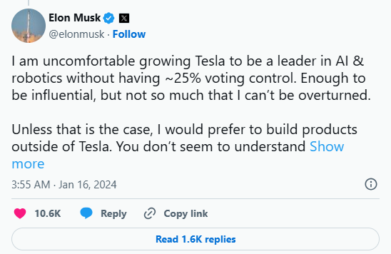 Elon Musk cảnh báo nguy cơ mất quyền kiểm soát Tesla, phủ nhận dùng cổ phiếu để vay thế chấp - ảnh 1