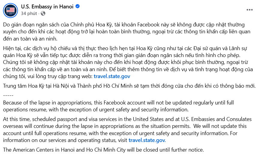 Đại sứ quán Mỹ tại Việt Nam phát thông báo quan trọng tới người dân do Chính phủ Mỹ đóng cửa - ảnh 1