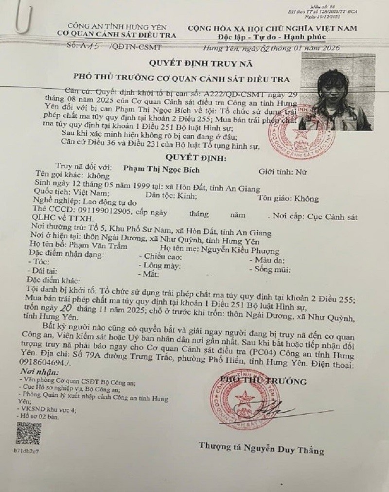 Bắt khẩn cấp đối tượng Phạm Thị Ngọc Bích SN 1999 - ảnh 2
