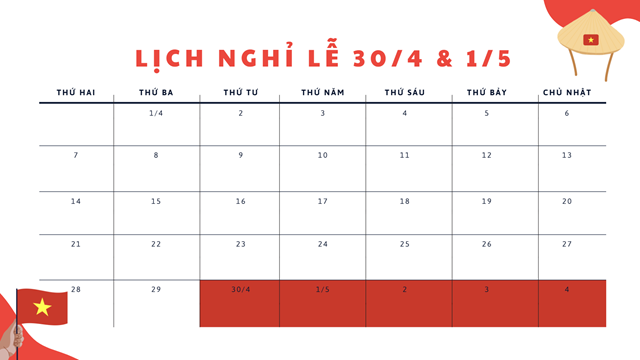 Lịch nghỉ lễ 30/4 - 1/5: Người lao động được nghỉ 5 ngày liên tiếp