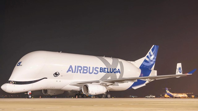 Sân bay quốc tế lớn nhất miền Bắc Việt Nam lần đầu tiên đón siêu máy bay vận tải Airbus Beluga XL hạ cánh: Được mệnh danh 'cá voi bay', chuyên chở vệ tinh, trực thăng, động cơ máy bay