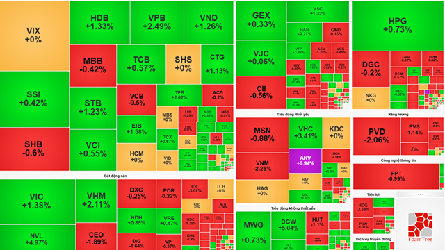 Thị trường chứng khoán hôm nay: VN-Index giữ sắc xanh nhờ lực đỡ từ nhóm vốn hóa lớn, ANV tăng trần