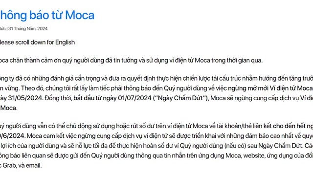 Ví điện tử Moca bất ngờ công bố dừng hoạt động, số dư của khách hàng đi về đâu?