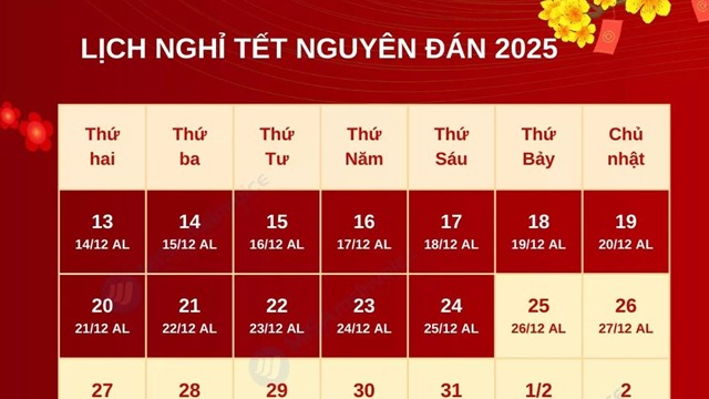 Lịch nghỉ Tết Nguyên đán Ất Tỵ 2025: Công chức, viên chức, người lao động nghỉ 9 ngày liên tục