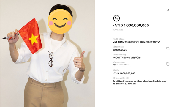 Một nam ca sĩ chuyển nóng 1.000.000.000 đồng ủng hộ người dân chịu ảnh hưởng bão số 10