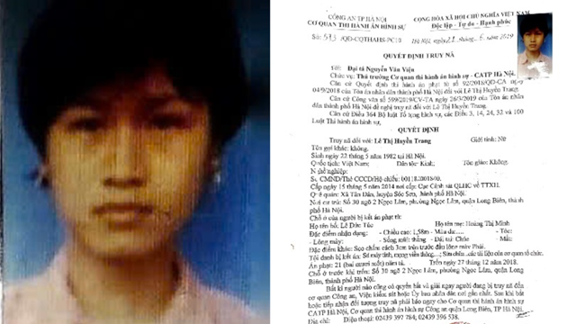Đề nghị ai biết Lê Thị Huyền Trang ở đâu khẩn trương liên hệ công an